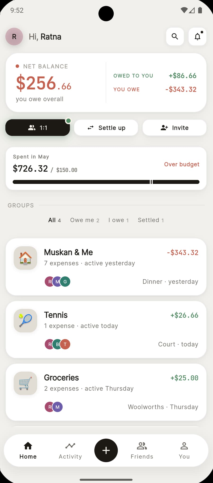 Plonq home screen — net balance, group activity, budget