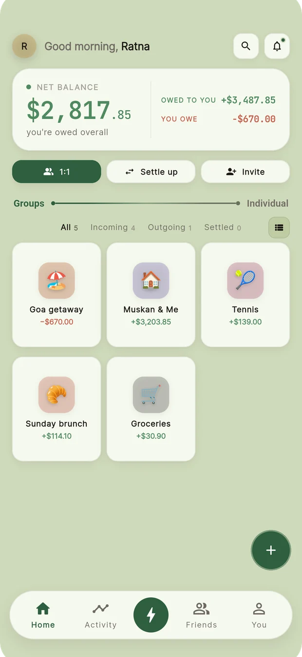 Plonq home screen in the green theme